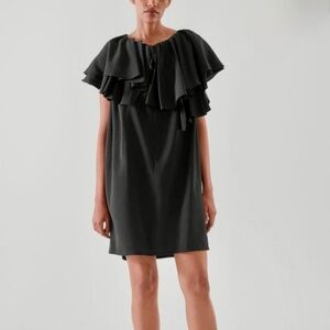 COS Ruffled Black Modal Blend Tunic Dress Sz 14